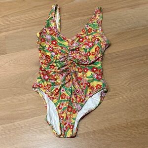 SOLID & STRIPED Yellow Multi Floral Ruched One-Piece Swimsuit